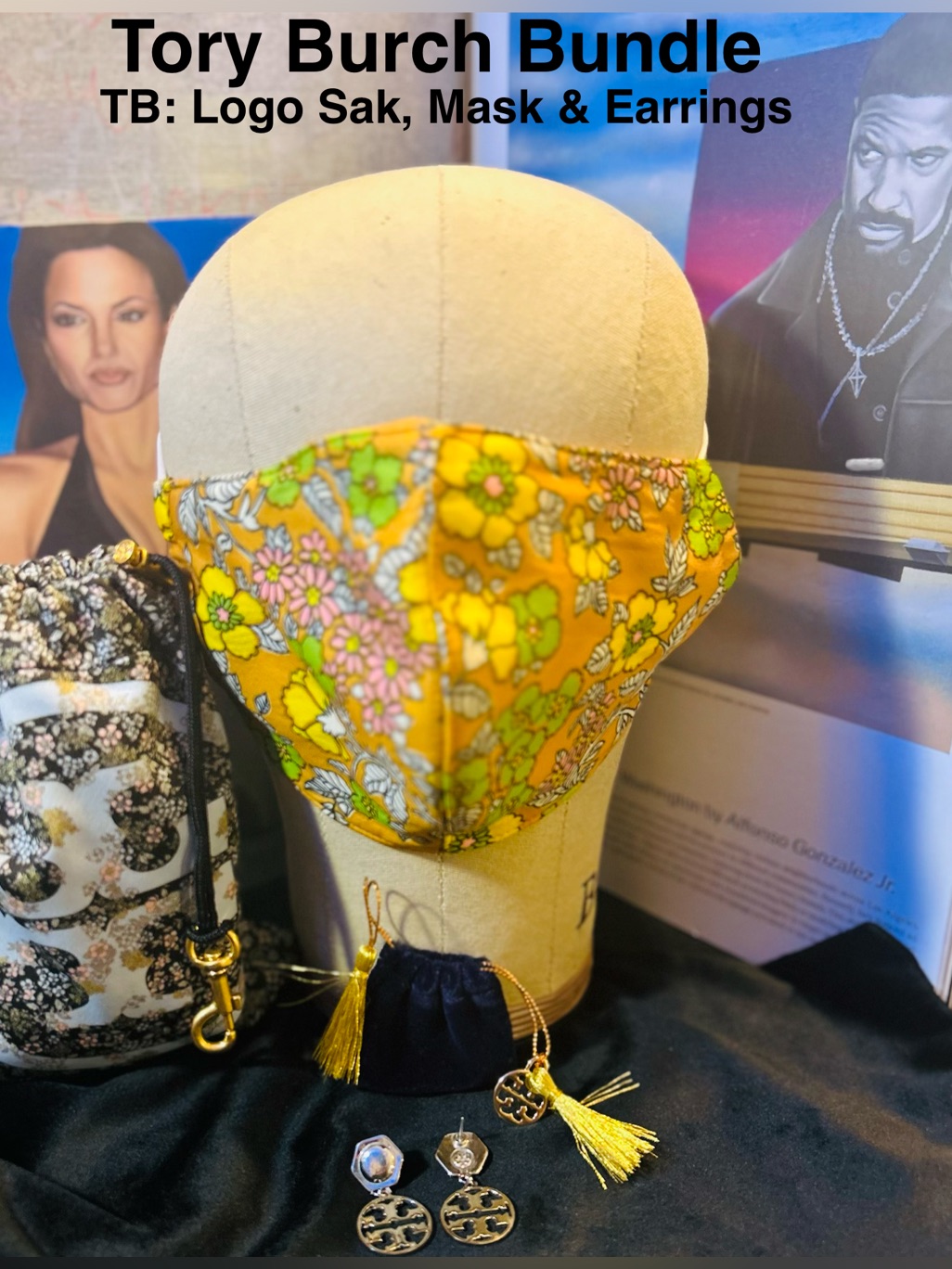 Tory Burch Bundle: Yellow Floral Face Mask W Logo Sak & Tassel Earrings & Bag